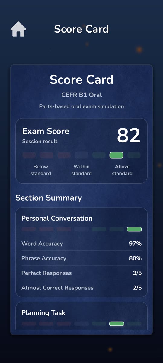 Saymo exam preparation feedback screen showing progress details.