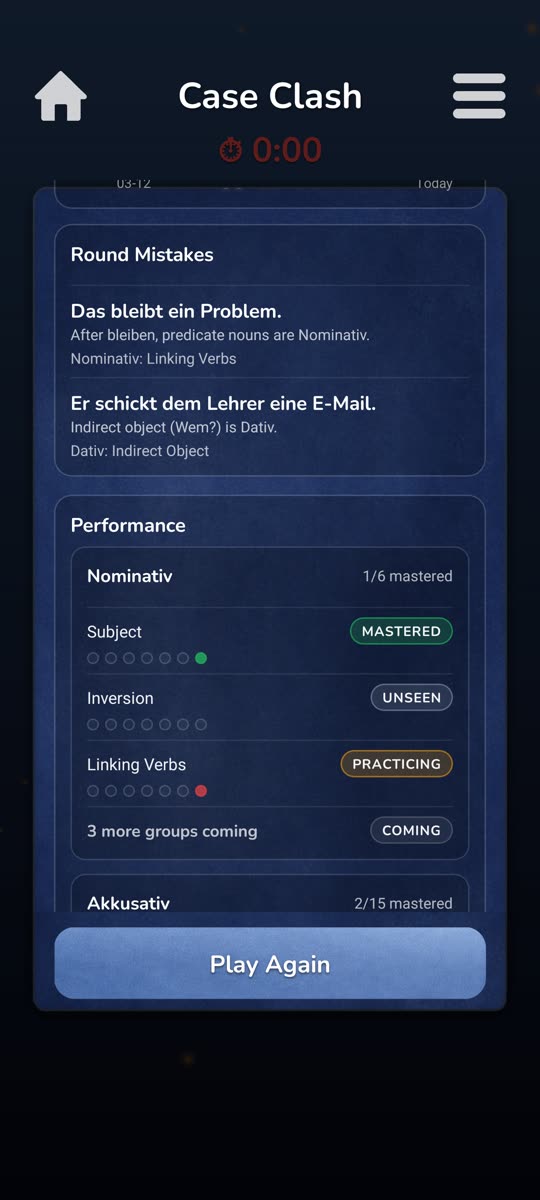 Saymo grammar feedback screen highlighting case mistakes.