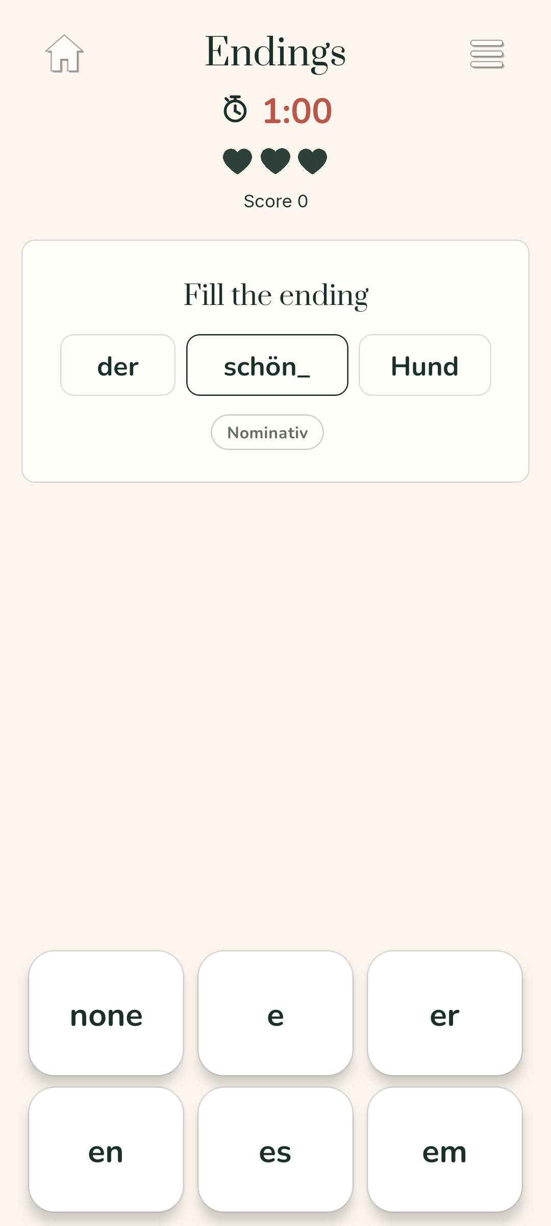 Focused German word ending practice