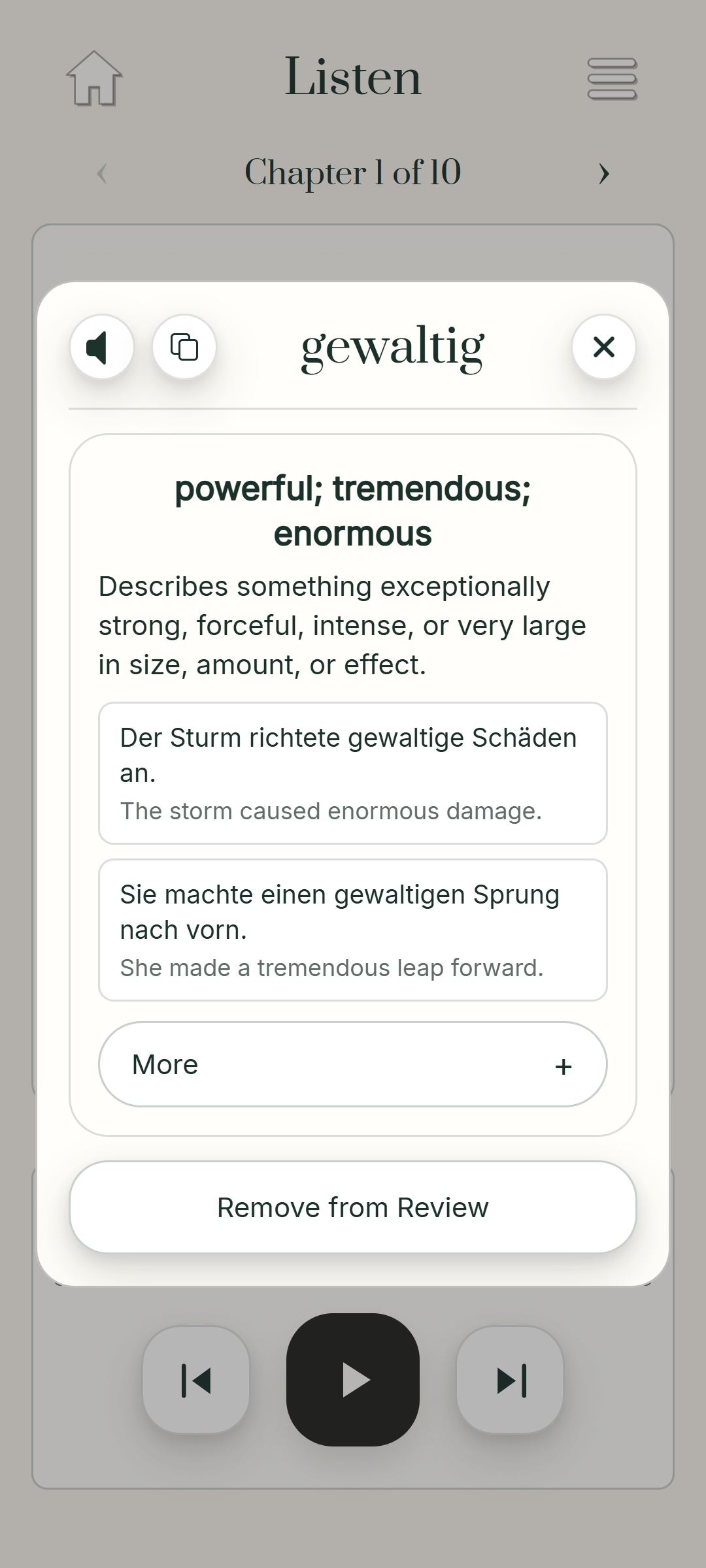 A full dictionary lookup for gewaltig from the audiobook passage