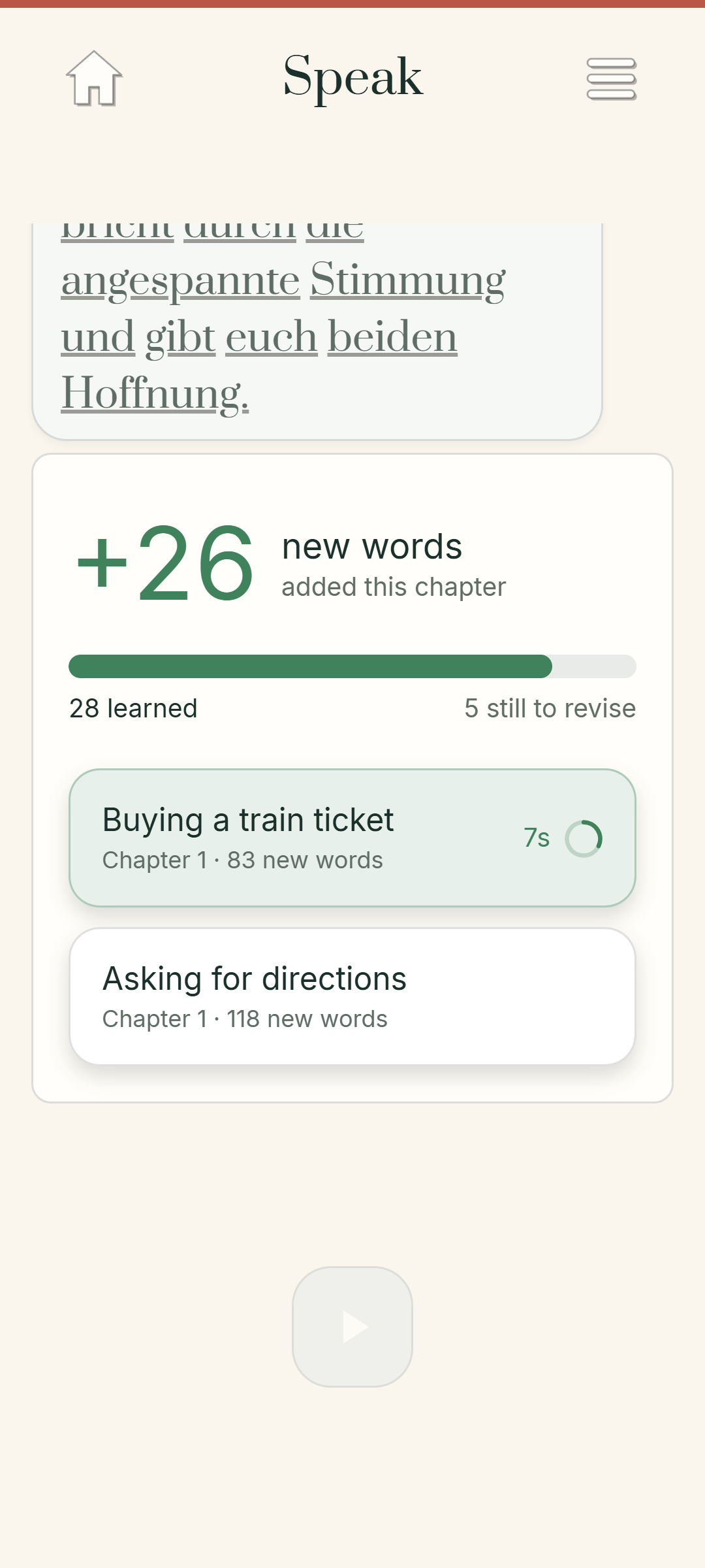 The end of a Speak chapter with next-step choices
