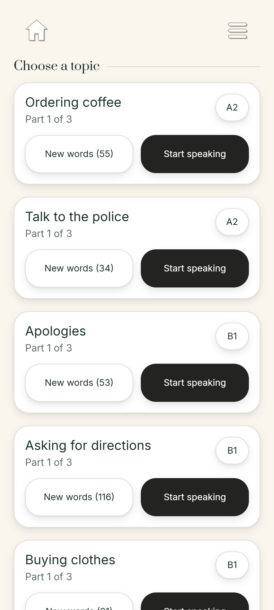 A list of Speak conversation scenarios
