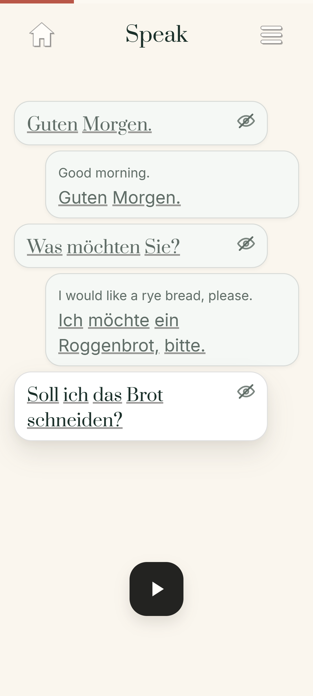 A five-turn bakery conversation in Speak mode